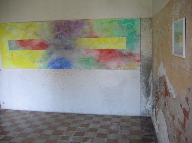 © Wilhelm Roseneder. Pilastro. 400x110 cm. Langes Rechteck/Long rectangle, 34,7x10,7 cm. Aquarell auf Papier/Watercolour on paper. Artfarm Pilastro. Pilastro di Bonavigo, Verona, Italy, 2005
