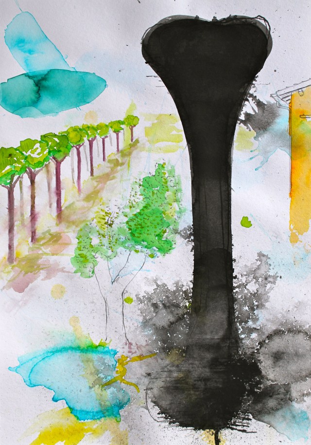 © Wilhelm Roseneder. Studie zu römischer Landschaft/Study to roman landscape, 2011. Aquarell, Bleistift, Tusche, chinesische Reibtusche/Watercolour, pen, ink, Chinese ink, 34x24 cm