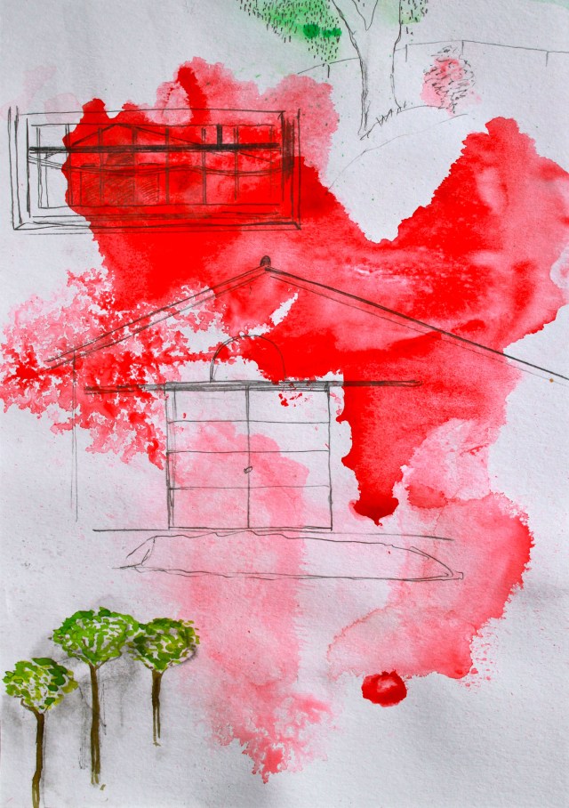 © Wilhelm Roseneder. Studie zu römischer Landschaft/Study to roman landscape, 2011. Aquarell, Bleistift, Tusche, chinesische Reibtusche/Watercolour, pen, ink, Chinese ink, 34x24 cm