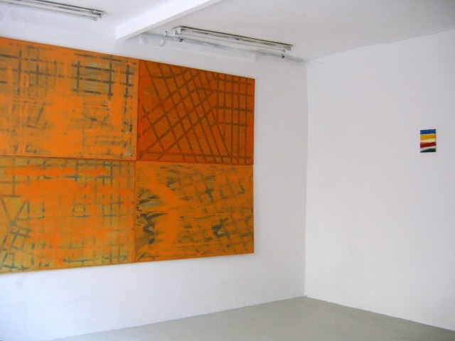 © Wilhelm Roseneder. Guides. Madrid, Barcelona, Beverly Hills, San Francisco II (vlnr), 1998-2003. Öl auf Aluminium/Oil on aluminium, je 104x155cm. Item 1-17, 2006. Lack auf Leinwand/Varnish on canvas, 24x18 cm